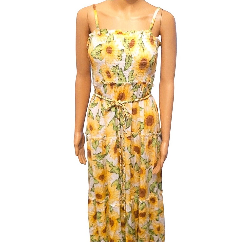 Floral Summer‎ Prairie Cottagecore Sunflower Print Tiered Maxi Dress Yellow M